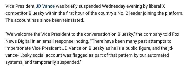 Fox News article about JD Vance's Bluesky account suspension