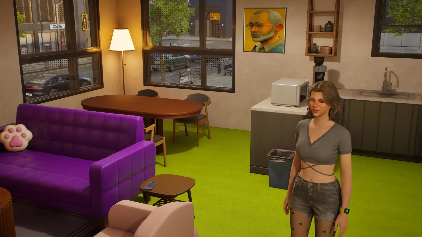 Modern apartment with fake grass carpet and purple couch.