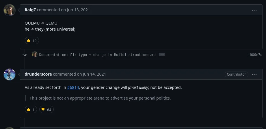 Another screen-grab from Github on the Serenity OS repository where a user proposes a fix for the male-aligned languaged used in the code and user drunderscore says "As already set forth in (another pull request), your gender change will (most likely) not be accepted."