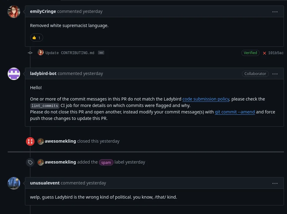 A pull request from the connected project, Lady Bird (a companion web browser to Serenity OS) where user emilyCringe says, "Removed white supremacist language.