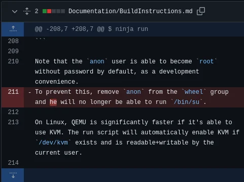 A screen-grab from the Serenity OS code wherein the code describes a function and uses male pronouns to refer to the user.