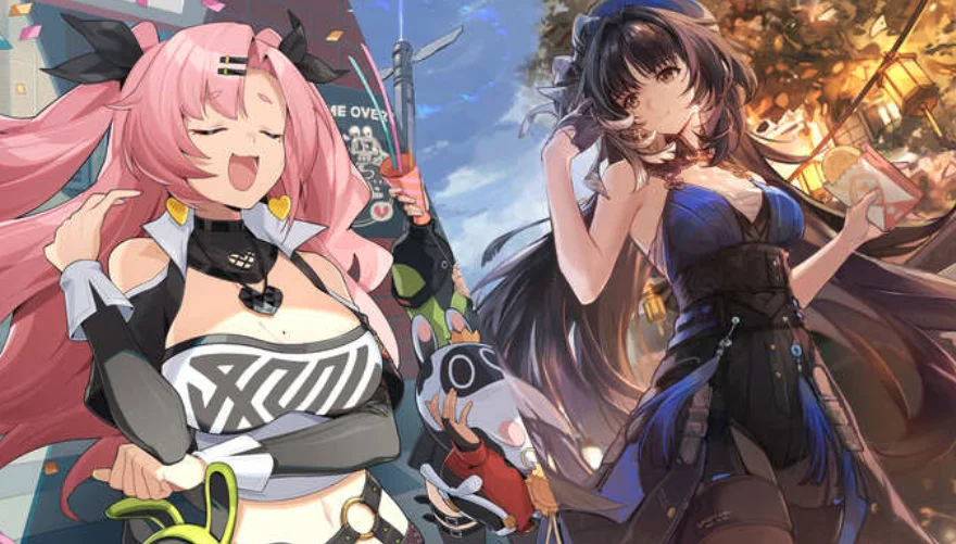 image depicting two anime girls, side-by-side, one from zenless zone zero, and the other from wuthering waves. the girl on the left has long pink hair, and a low-cut shirt, appearing quite ... busty, and the one on the right has long brown hair, and a blue and black outfit