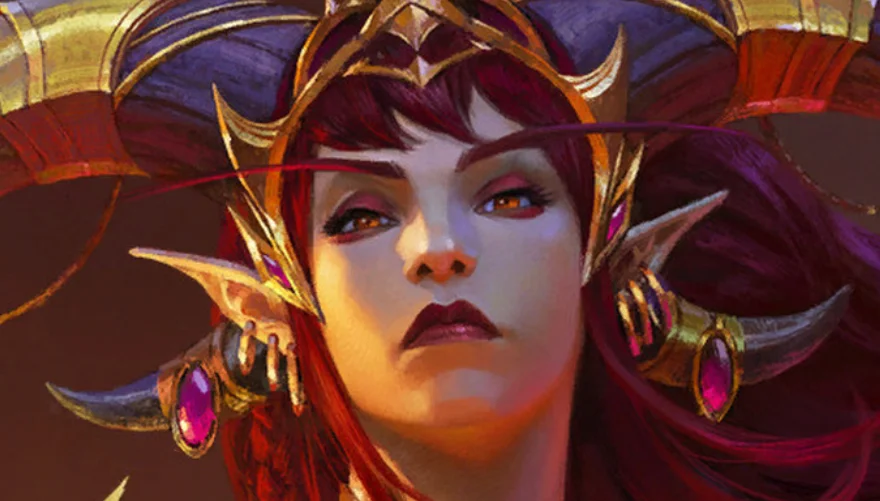 image of a woman with a golden crown atop red hair, white skin, red eyes, red lipstick, looking down upon the viewer