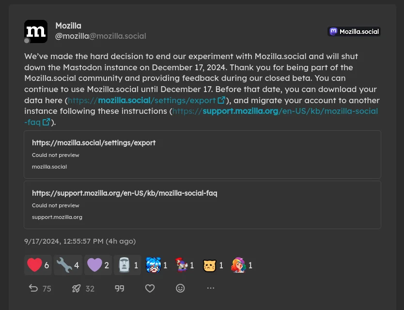 Screenshot of a post from the official Mozilla account on the fediverse, speaking about how they're regretfully shutting down their Mastodon instance, with no real reason given.