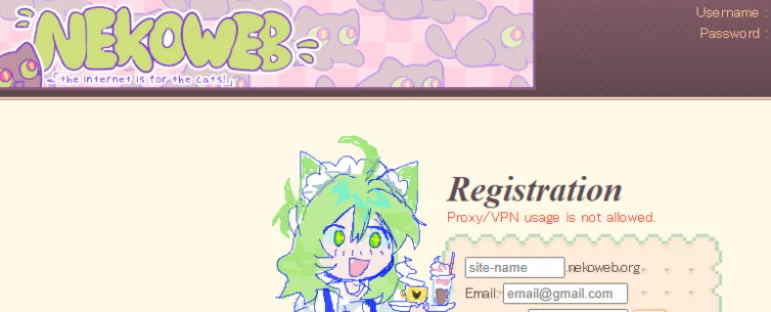 No VPN allowed warning message on Nekoweb registration page