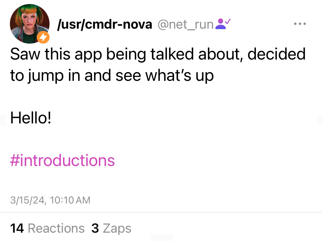 Screenshot from Nostr where I declare I'm new, and making an introduction, and basically saying hello.