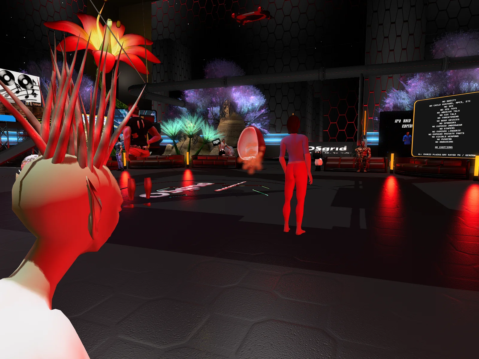 People in a virtual world, some standing alone on their properties.