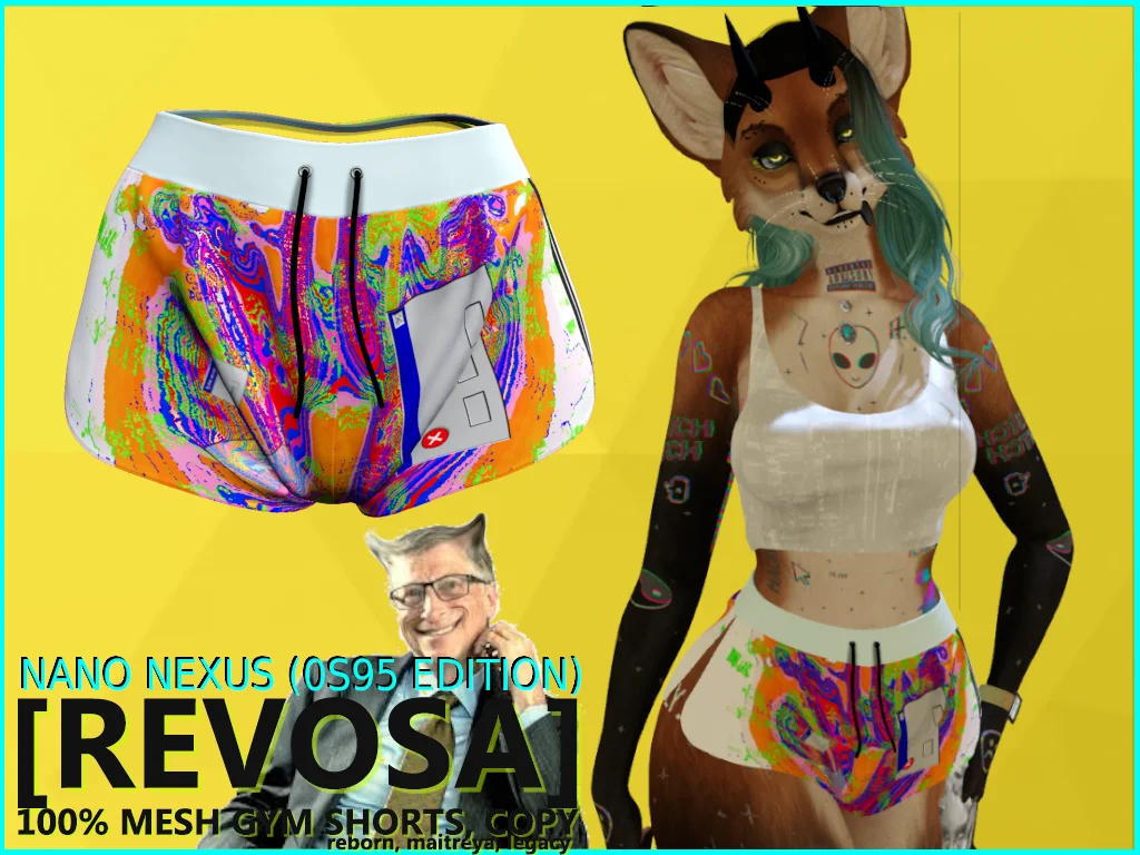 ad card for a set of glitchy windows 95 looking shorts in Second Life