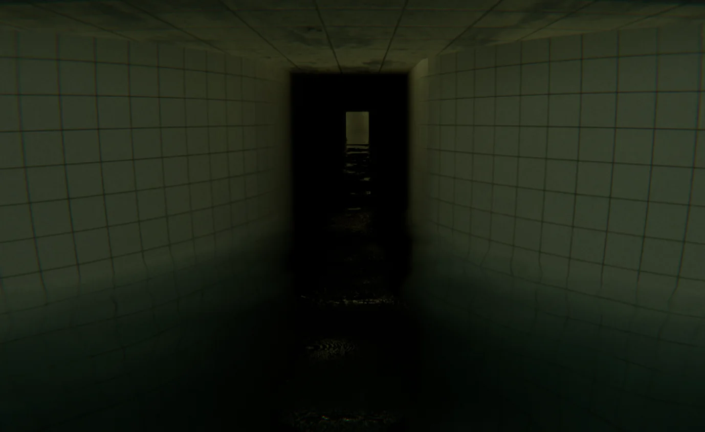 A screenshot from the Steam game POOLS, depicting white bathroom-esque walls, and a black corridor.
