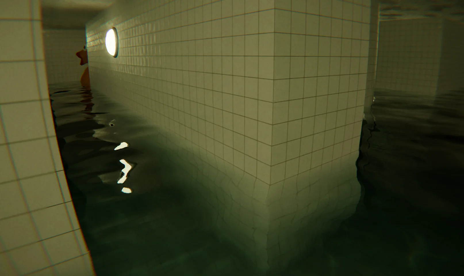 A screenshot from the Steam game POOLS, depicting the player in first person wading through water, surrounded by white tiled walls, and around a corner, the profile of a very large rubber duck.