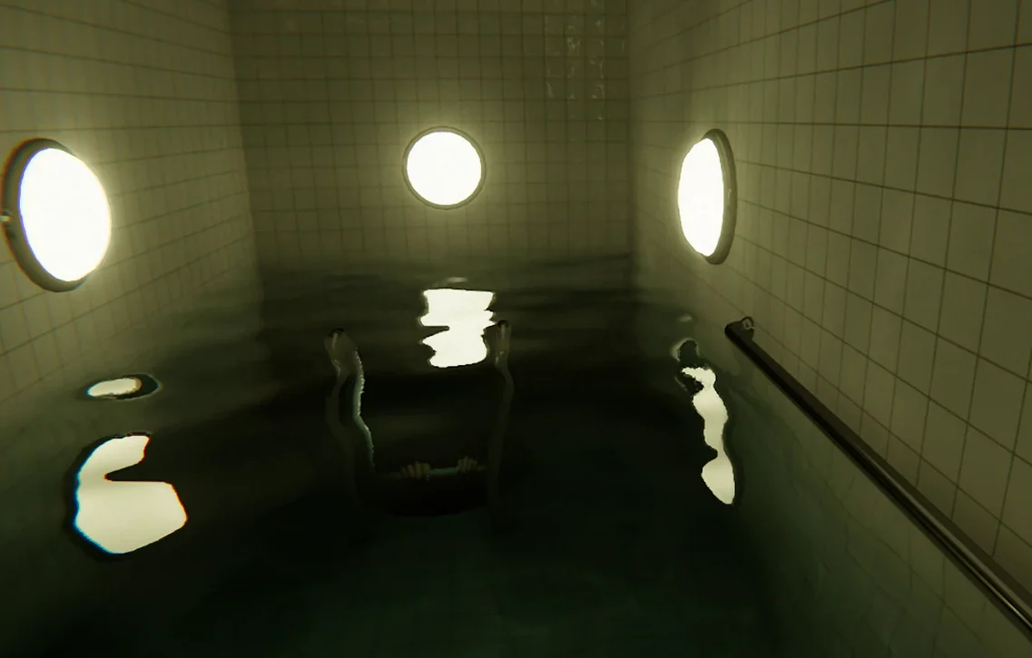 A screenshot from the Steam game POOLS, depicting the first person view of you looking down into the water, and there's a black hole with a ladder popping out. And on the rungs of that ladder, a pair of human hands.