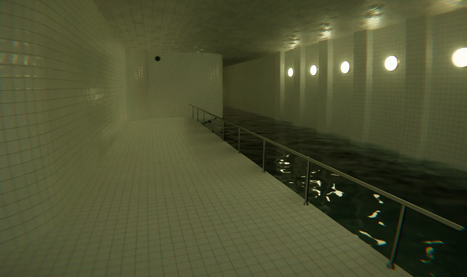 A screenshot from the Steam game POOLS, depicting another white tiled corridor with a metal railing and a water passing through in a narrow pool.