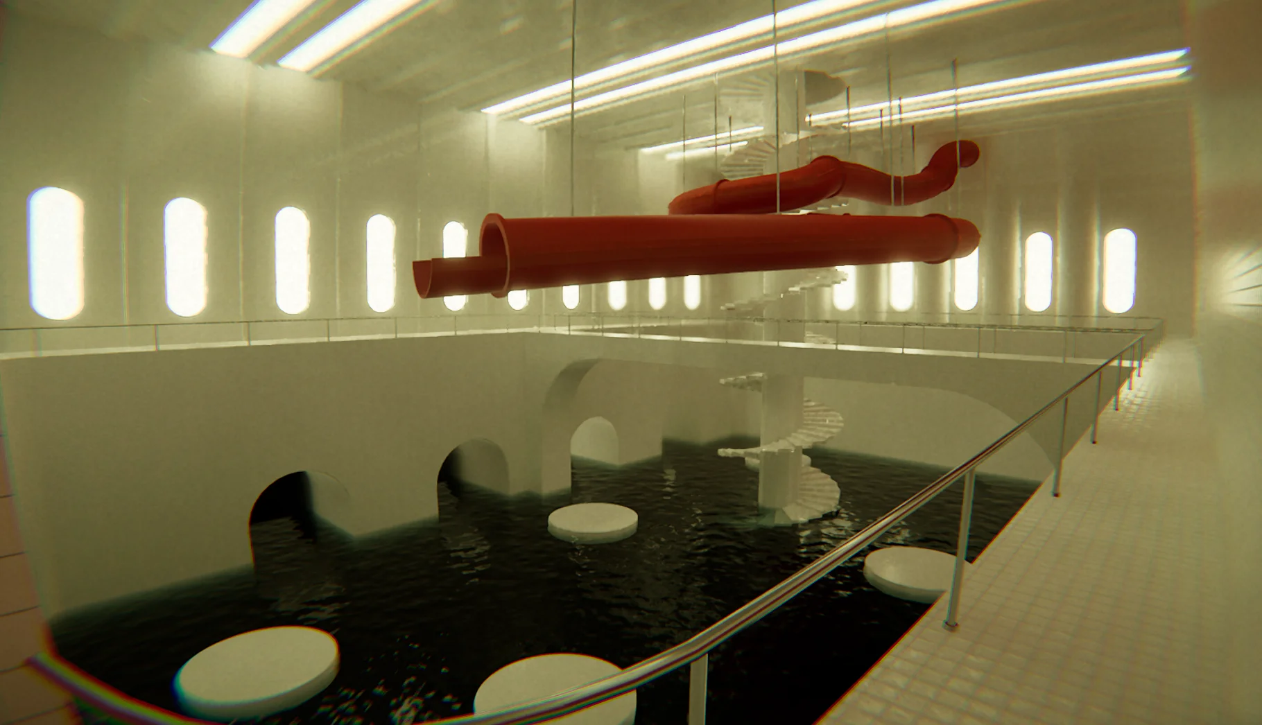 image of a pool room with pool slides hanging from the ceiling