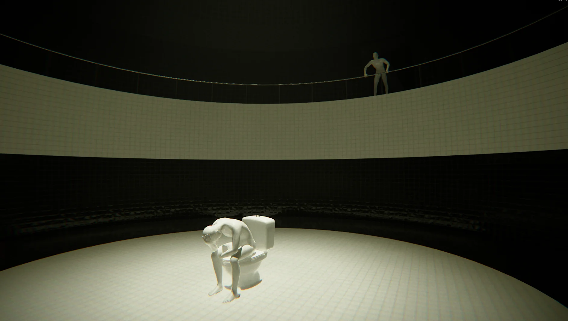 a mannequin sitting on a toilet holding its head in shame in a white tiled environment while another stands upon a balcony overhead and stares