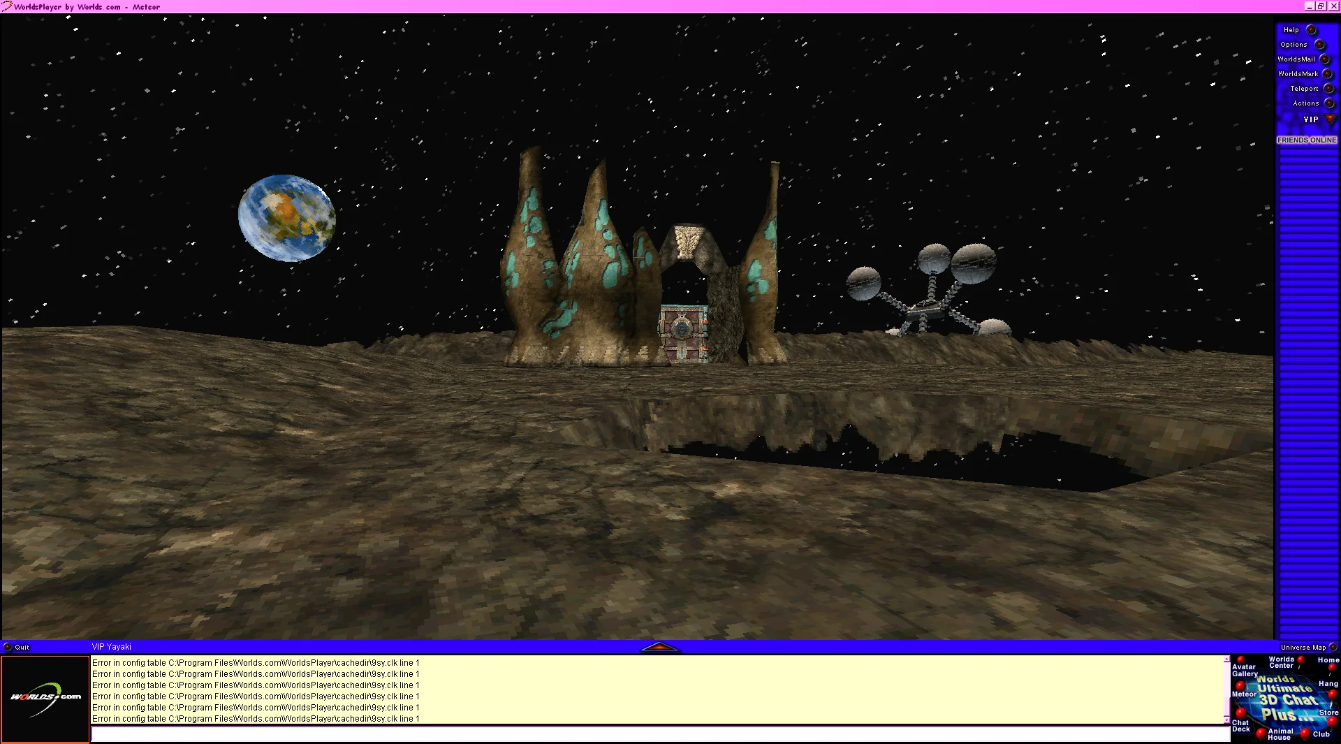screenshot from the very old Worlds chat client, depicting someone standing on what looks like an asteroid, orbited by a space station, and in the center of the screen are strange rock formations with a door in the middle.