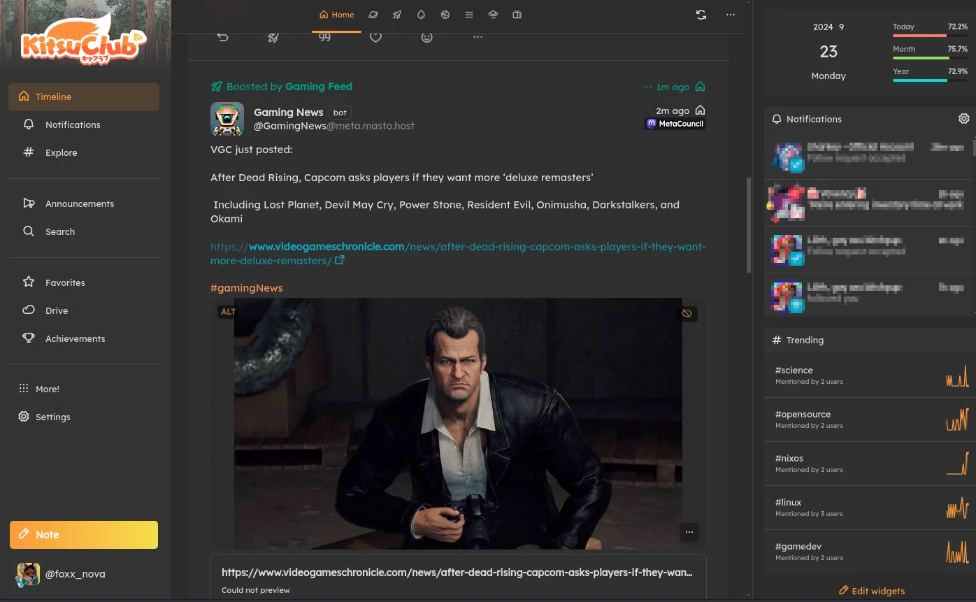 A screenshot of my feed on a Sharkey instance, showcasing all the columns and many buttons and options you can utilize.