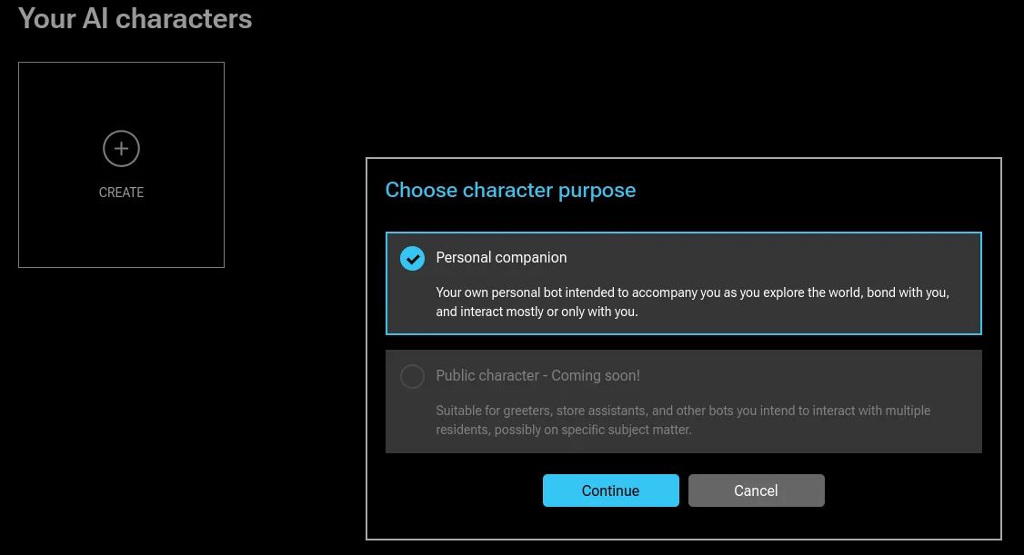 AI character creator dialogue in Second Life.