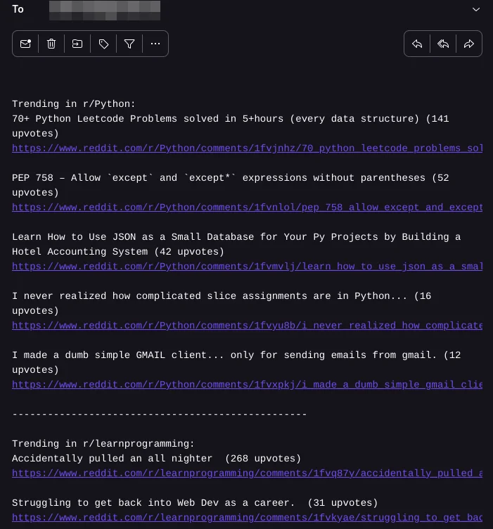 Example of a daily report email showing top trending subreddit posts.