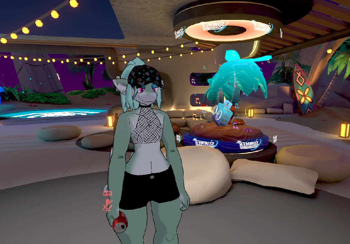 Image of a green-ish mint shark girl avatar standing in a brightly colored personal space within VR Chat, wearing a black mesh top, and a hat with arcade floor texturing.