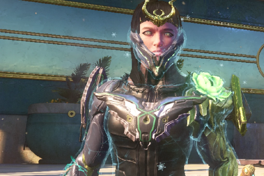 screenshot from Warframe depicting a human wearing black armor with gigantic metal shoulder pads, a golden crown upon her head, black hair and a menacing stare off into the distance