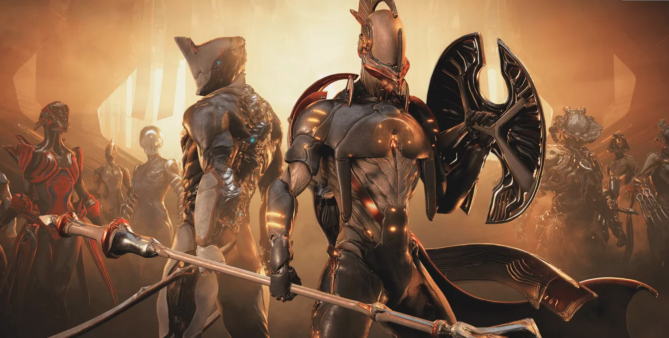 an image of ninja-looking metal cyborgs called Warframes standing amidst a field of enemies