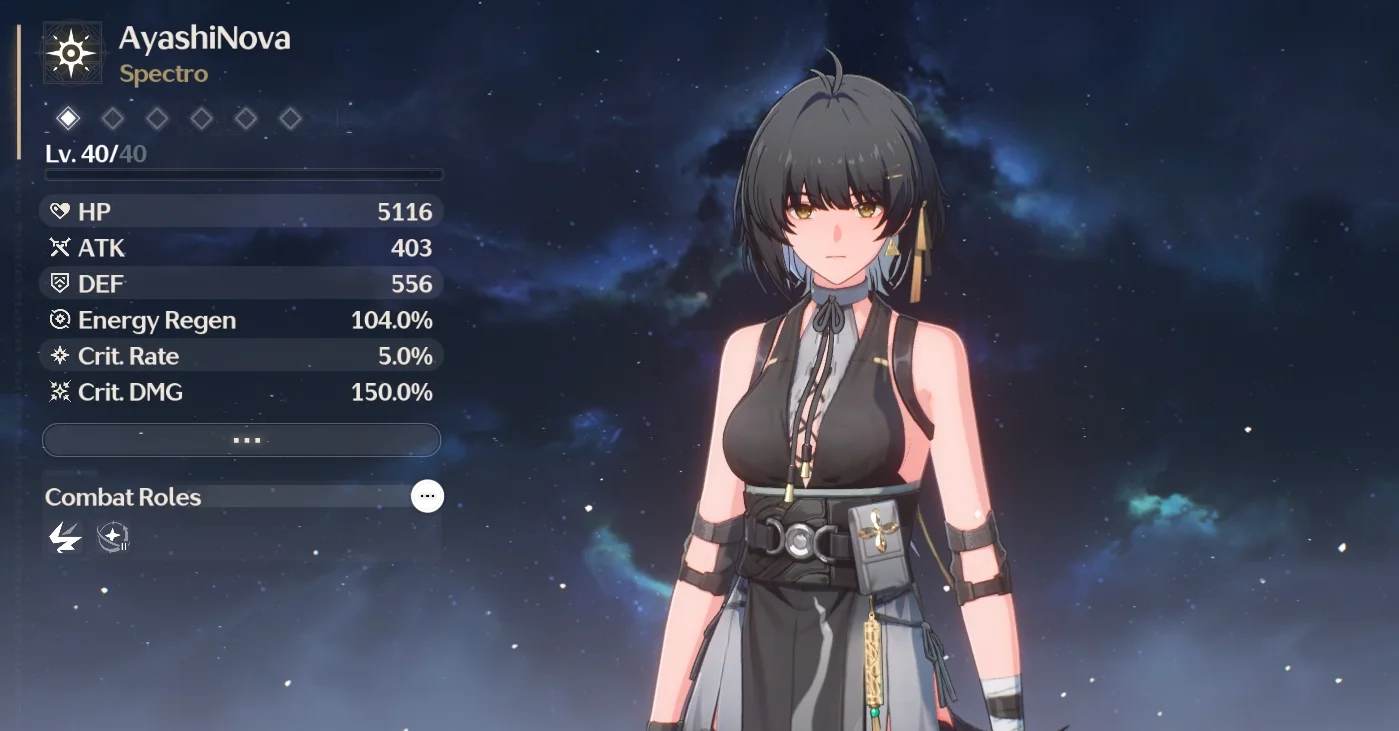 A screenshot from Wuthering Waves showcasing the player character. She has short black hair, and a laced up sleeveless black outfit. Her stats state she is level 40, with hp at 5,116.