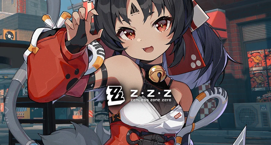 A close-up photo of the black haired catgirl character from Zenless Zone Zero, wearing a white top with red sleeves, and the ZZZ logo over the lower center of the photo.