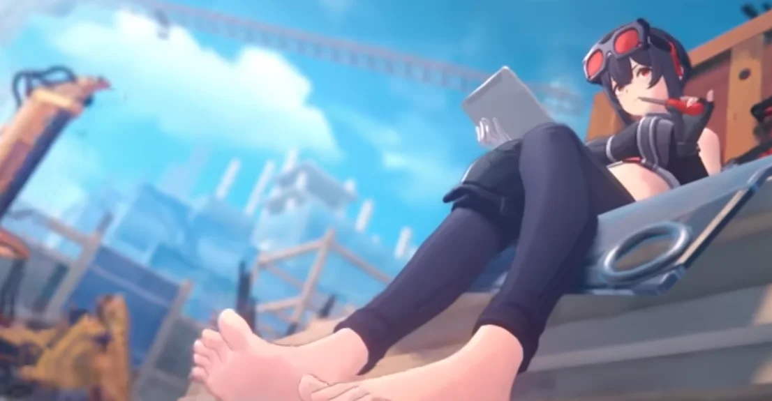 A screenshot from the original trailer for Zenless Zone Zero, of one of the female characters sitting on the edge of building materials, with goggles on her forehead, black pants, and for some reason, totally barefoot. This is where the frame in this section of the trailer focuses.